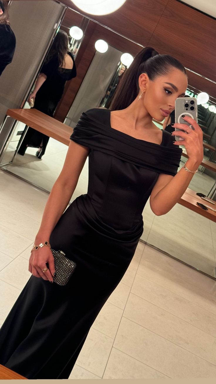 Black Mermaid Off Shoulder Satin Long Party Dress Elegant Evening Gown S6688