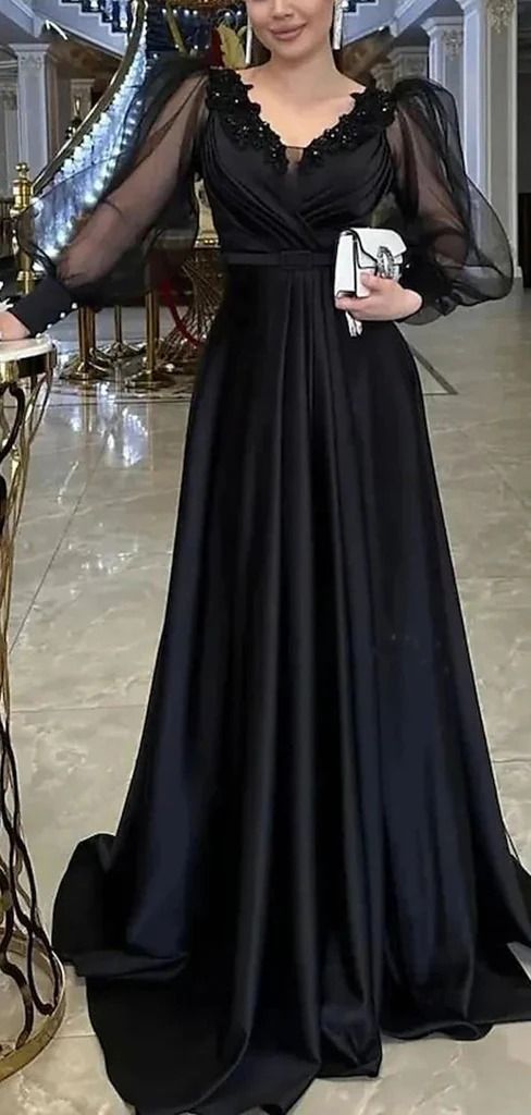 Elegant Long Sleeves V-neck Black Tulle A-line Evening Prom Dress S6757