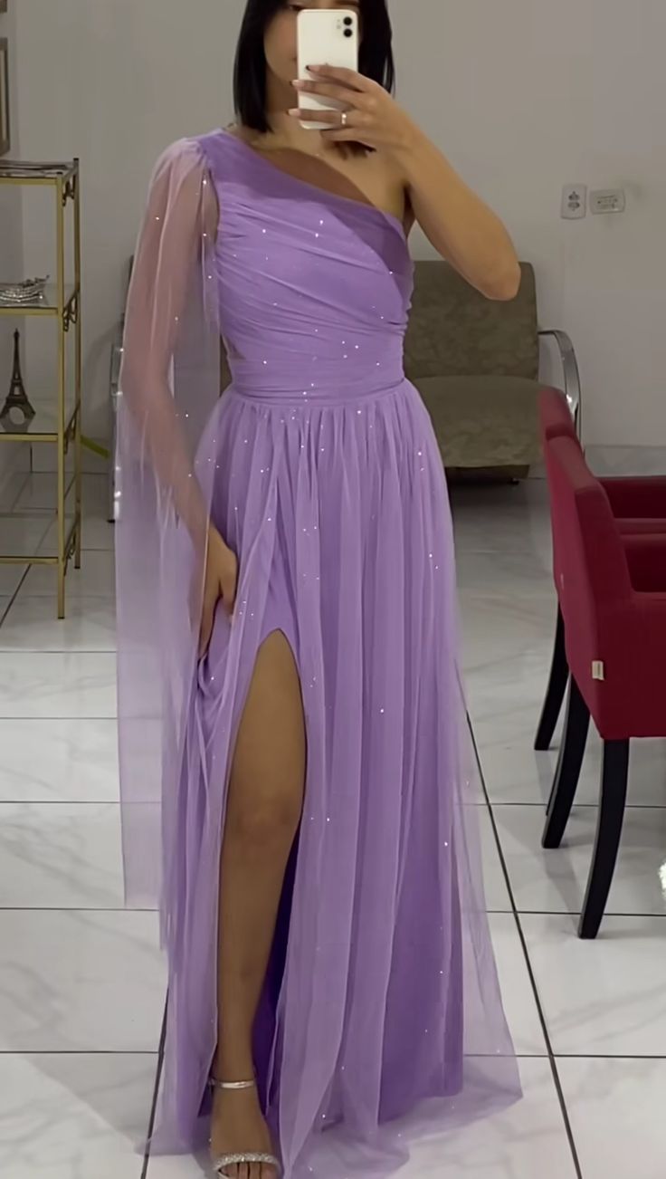 One Shoulder Lilac Long Party Dress Evening Gown With Slit S6731