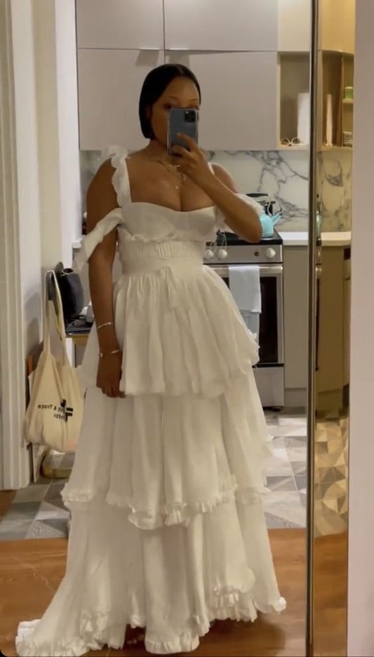 Sexy A line Straps Ruffles Floor Length Chiffon White Prom Dress S6740