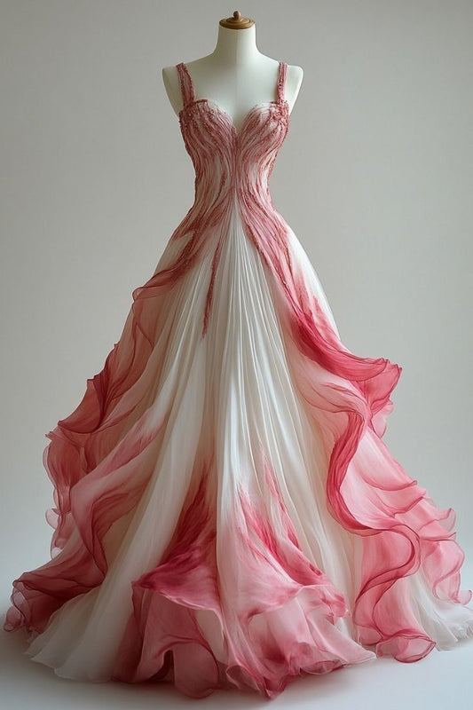 Vintage Ball Gown Straps Ombre Pink Prom Dresses Long Evening Gown Tulle Formal Party Dress S6703