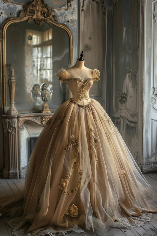 A Line Off Shoulder Champagne Tulle Ball Gown Long Party Dress Evening Dresses S6720