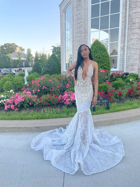 Silver Formal Dresses for Black Girl, Mermaid Long Prom Dress Evening Gown S6761
