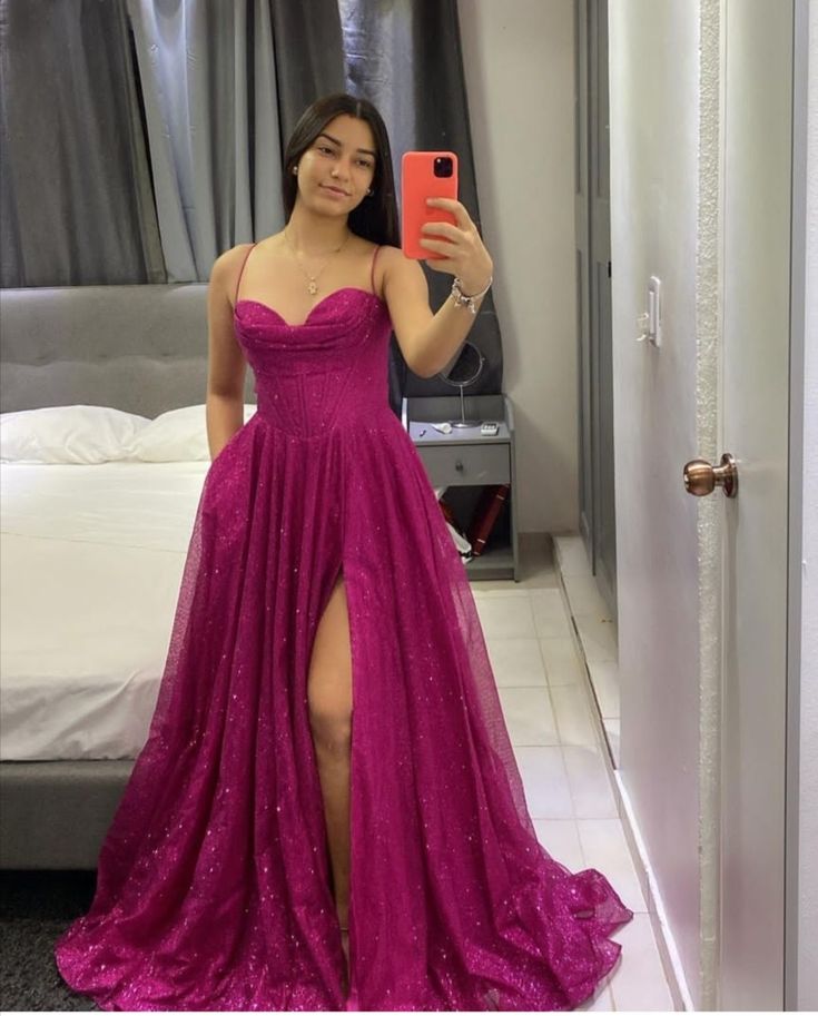 Hot Pink Spaghetti Straps Evening Dresses Sparkly Dresses Evening Gown S6735