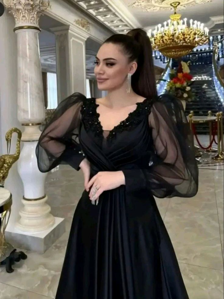 Elegant Long Sleeves V-neck Black Tulle A-line Evening Prom Dress S6757