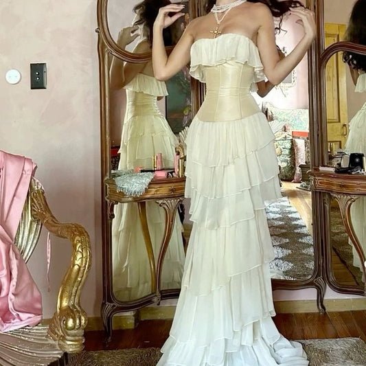 Vintage Ivory Strapless Chiffon Tiered Sheath Gorgeous Evening Dress S6718