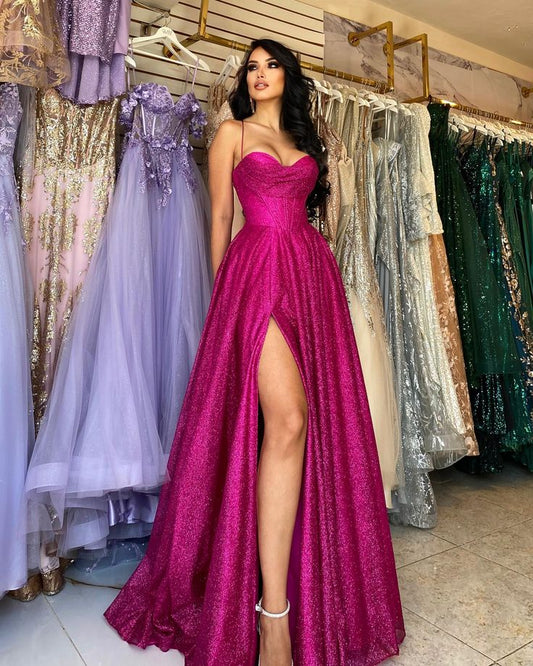 Hot Pink Spaghetti Straps Evening Dresses Sparkly Dresses Evening Gown S6735