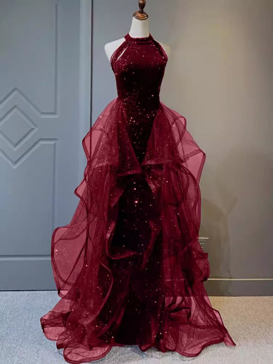 Sparkly Sheath Burgundy Sequin Long Prom Dress Party Dresses S6754