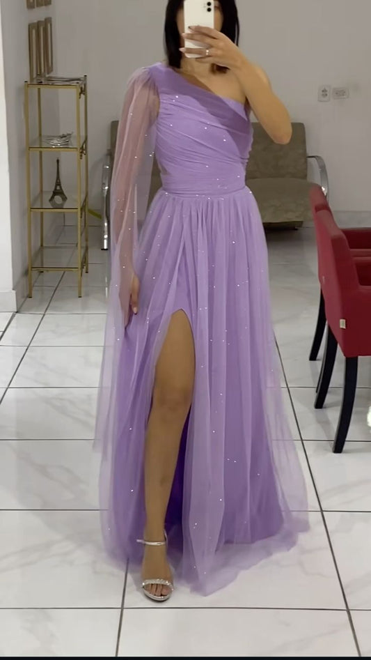 One Shoulder Lilac Long Party Dress Evening Gown With Slit S6731