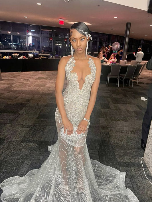 Silver Beaded Formal Dresses for Black Girl, Mermaid Long Prom Dress Evening Gown S6762