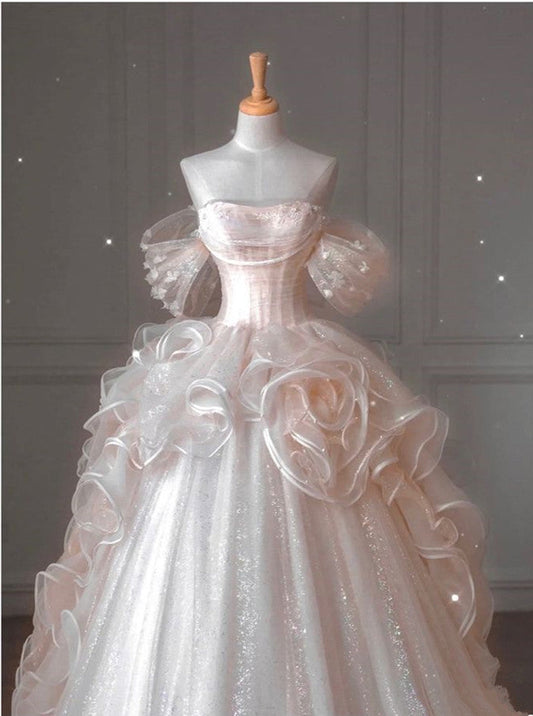 A line Pink Tulle Ball Gown Off Shoulder Long Prom Dresses Evening Dress S6657