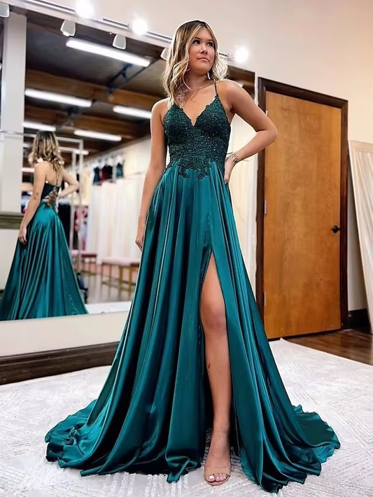Elegant long a line satin prom dresses v neck split formal gown with lace appliques