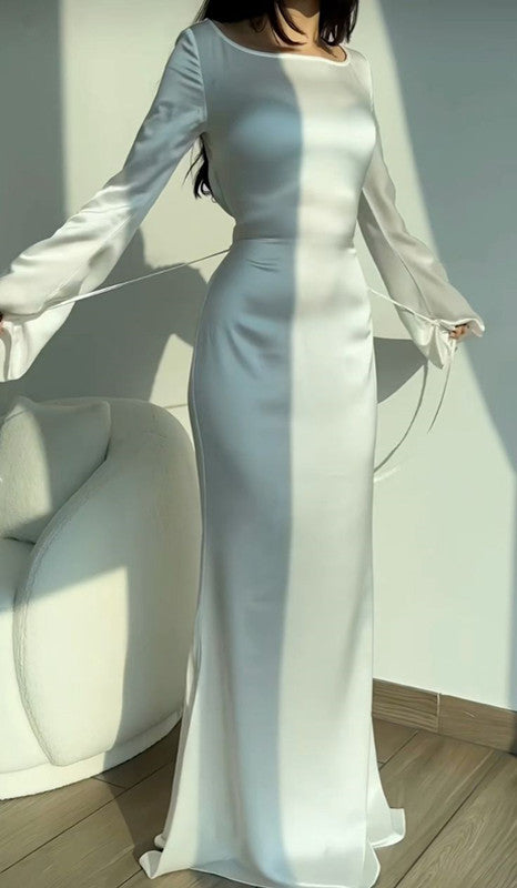 Elegant Round Neck Mermaid Dress Lace Up Flare Sleeve Long Dress for Women S6690