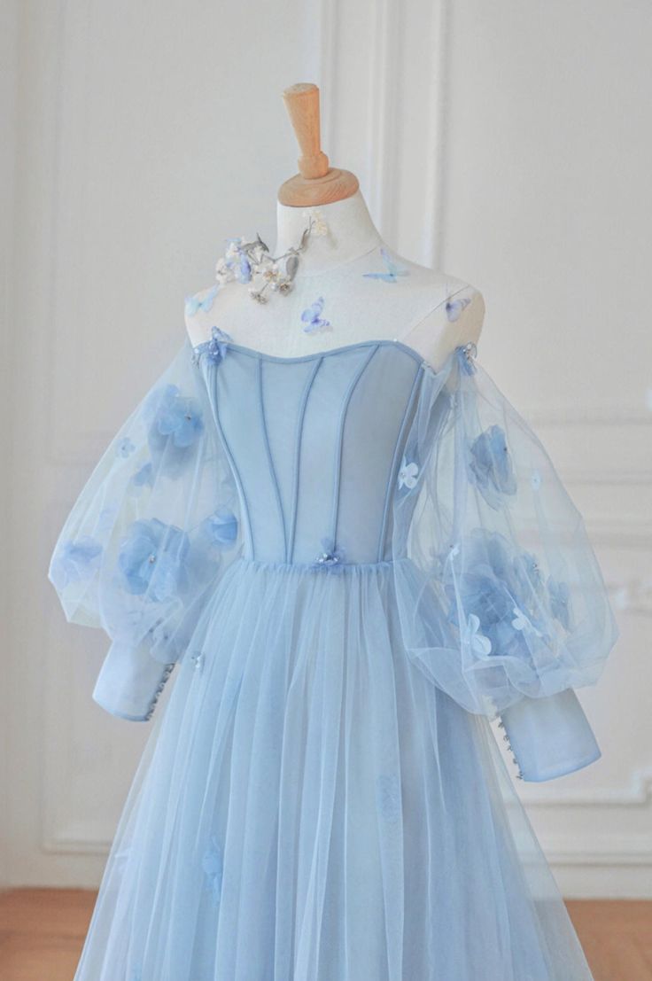Tulle Flowers Long Prom Dress, Lovely A-Line Puff Sleeve Evening Dress S6663