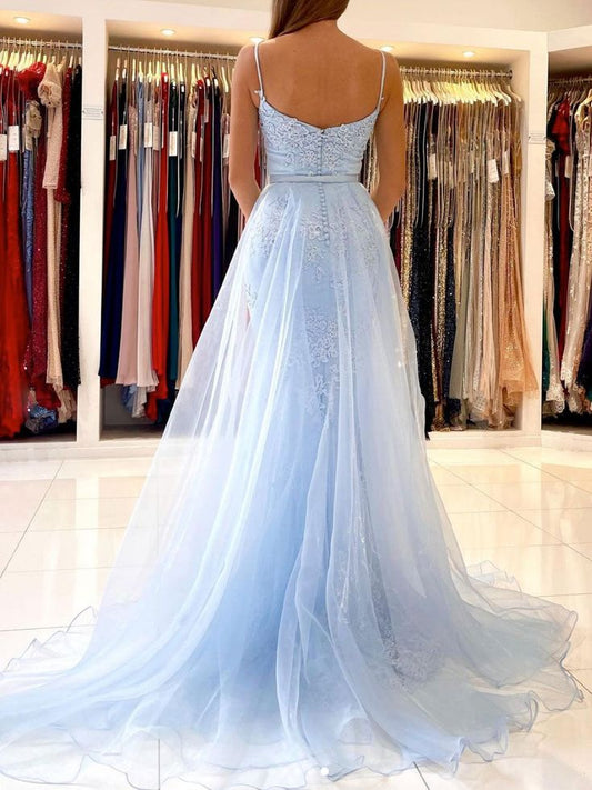 Blue mermaid lace tulle long prom dress, blue evening dress TP25