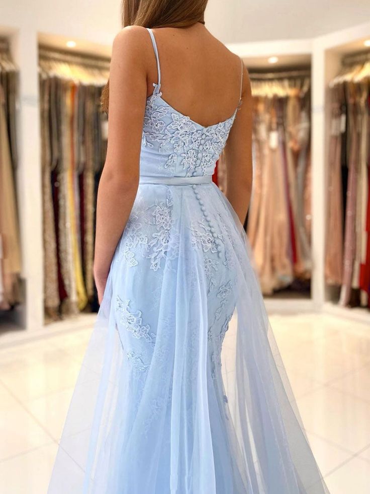 Blue mermaid lace tulle long prom dress, blue evening dress TP25