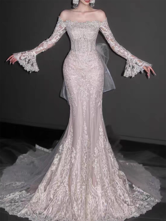 Elegant White Lace Applique Mermaid Off-the-shoulder Long Wedding Dress TP5021