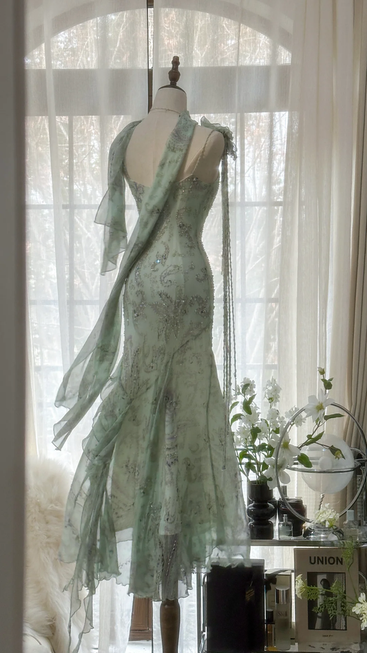 Retro Gorgeous Spaghetti Strap Green Beading Romantic Sparkling Evening Dress Prom Dresses TP3958