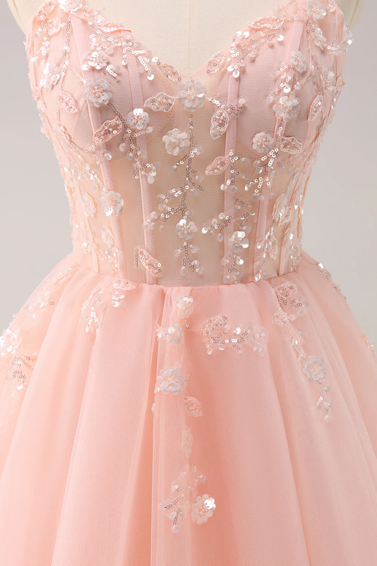Vintage Pink 3D Flowers Design A-line Sleeveless Spaghetti Strap Homecoming Dress TP3451