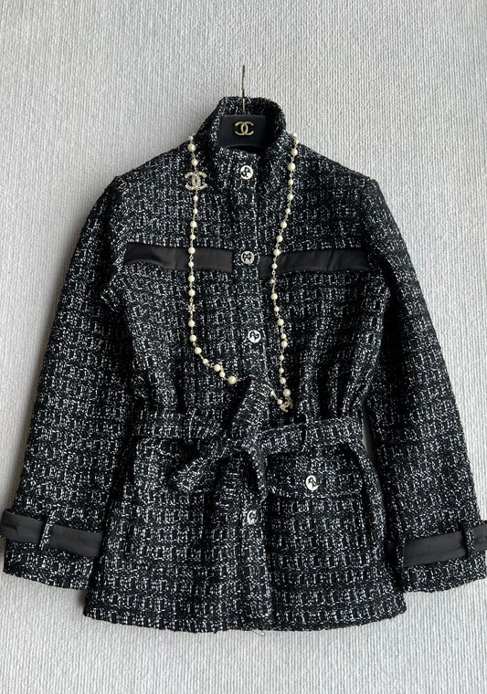 CC Belted Jacket Black White Cashmere Tweed 318587