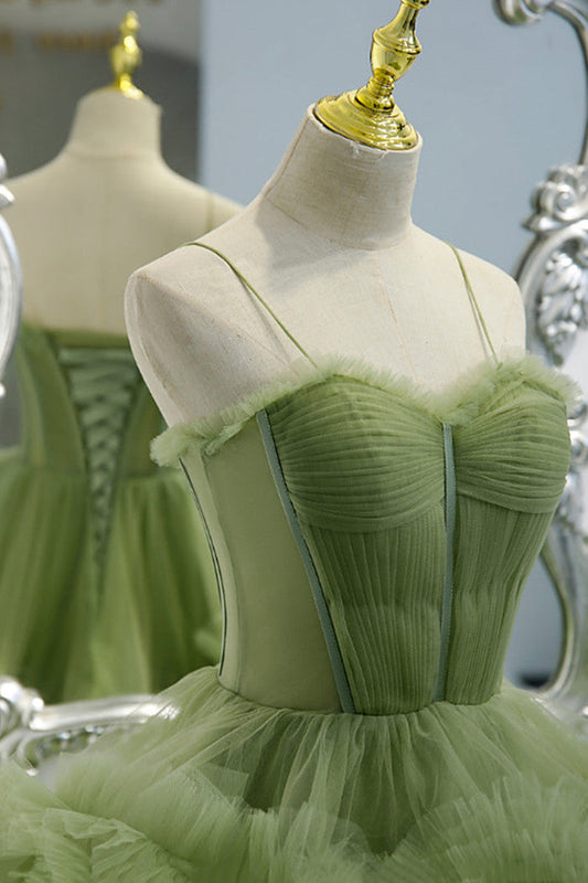 Spaghetti Straps Green Tulle Layers Long Sweet 16 Dress, Green Evening Prom Dress