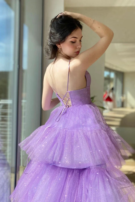 PM464, V Neck Purple High Low Prom Dresses, Purple High Low Formal Homecoming Dresses