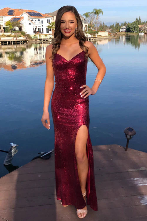 omberprom Elegant Glittery V-Neck Mermaid Long Burgundy Prom Dress