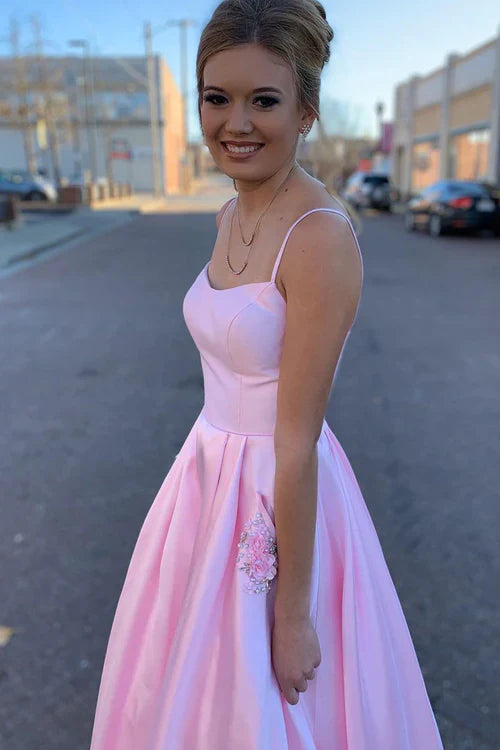 omberprom Elegant Straps A-Line Pink Long Prom Dress with Beaded Pockets