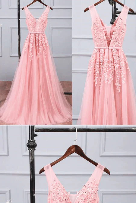omberprom Tulle A-line Simple Long Party Dress Prom Dress Evening Dress V-neck with Appliques Wholesale