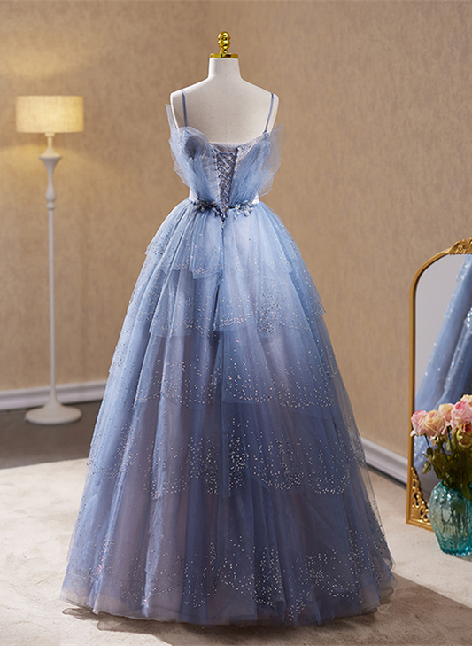 Blue Shiny Tulle Beaded Layers Long Formal Dress, Blue Long Party Dress Evening Dress
