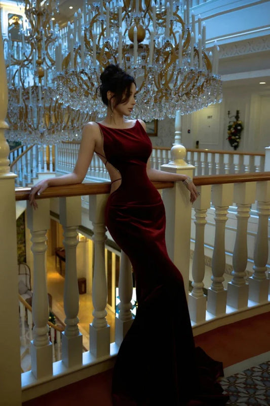 Wine Red Velvet Mermaid Backless Long Evening Dress, Wine Red Velvet Long Prom Dress