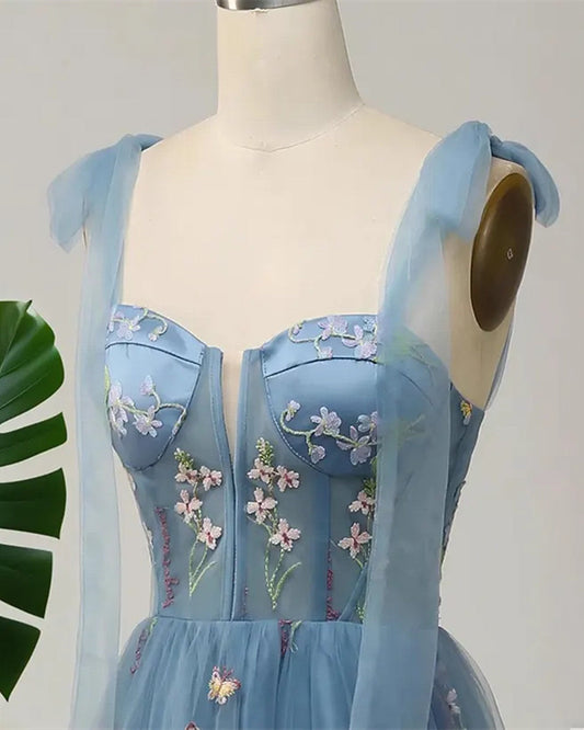 Blue Floral Embroidery Tulle Prom Dress, A-Line Fairy Gown Blue Party Dress