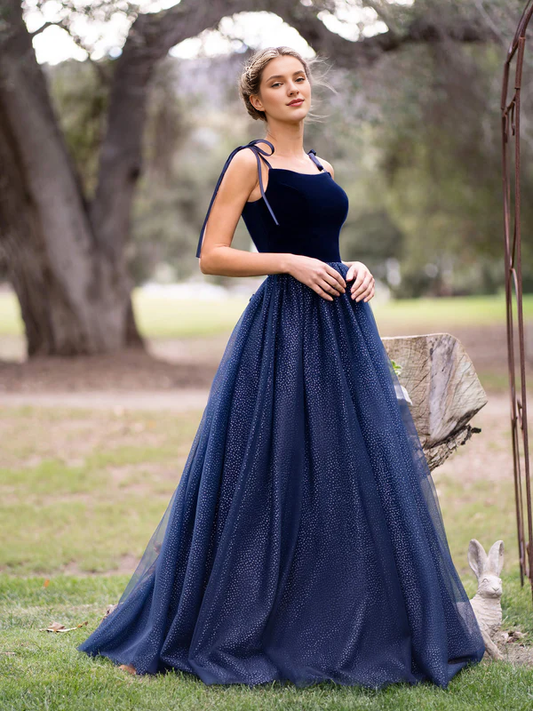omberprom Elegant Spagatti Straps Evening Dress Velvet Tulle Floor Length Prom Dress