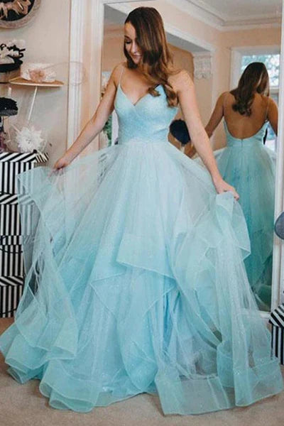 omberprom Open Back Evening Dress Glittering Light Blue Long Prom Dress with Ruffles