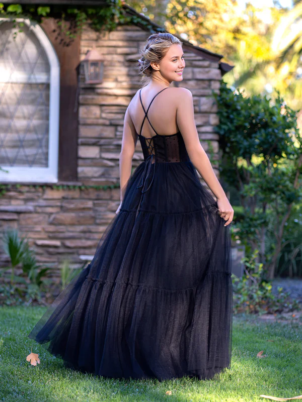omberprom Corset Dotted Tulle Evening Dress Spaghetti Straps Floor Length Prom Dress