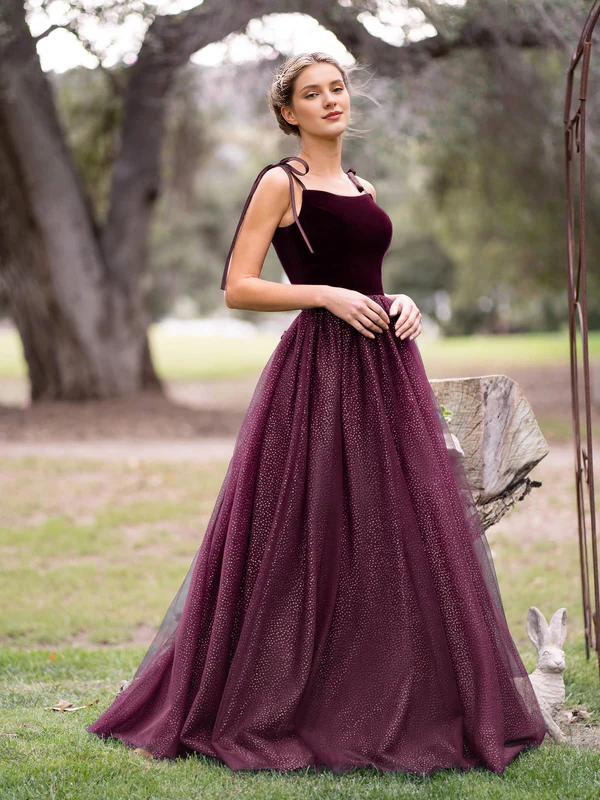 omberprom Elegant Spagatti Straps Evening Dress Velvet Tulle Floor Length Prom Dress