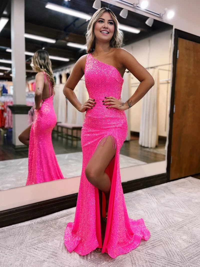Liymcdress Mermaid One-Shoulder Evening Dress Sequins Prom Dress With Tassels