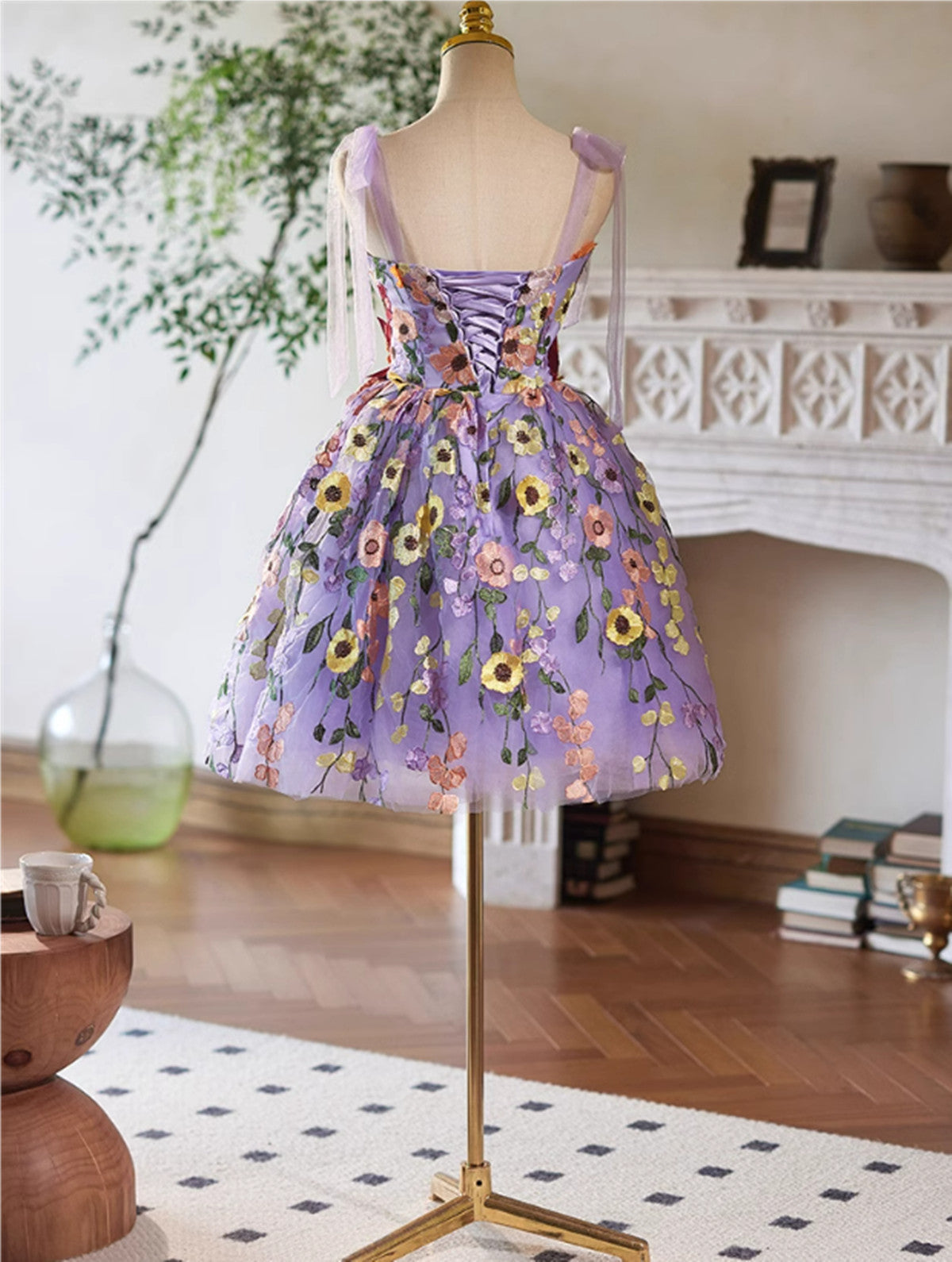 Cute Light Purple Lace Flowers Short Homecoming Dress, Purple Short Party Dress