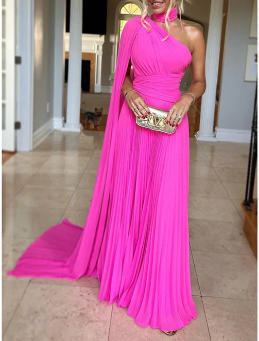 A-Line Evening Gown Elegant Dress Formal Sweep / Brush Train Sleeveless One Shoulder Chiffon with Pleats Ruched S4952