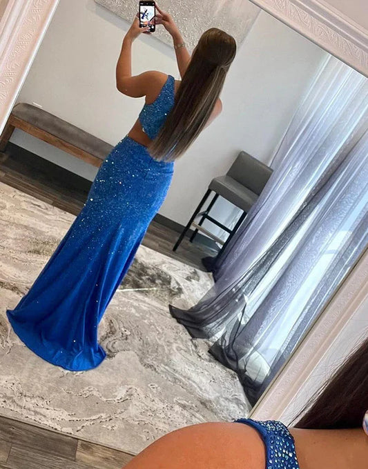 omberprom Fashion One Shoulder Bead Evening Dress Royal Blue Prom Dress with Split