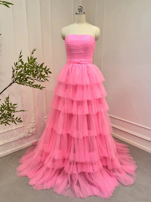 Pink Tulle Layers Long Prom Dress, Strapless Pink Tulle Evening Dress Formal Dress