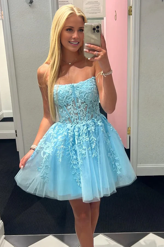 omberprom Elegant A-Line Graduation Dresses Tulle Lace Homecoming Dress with Appliques
