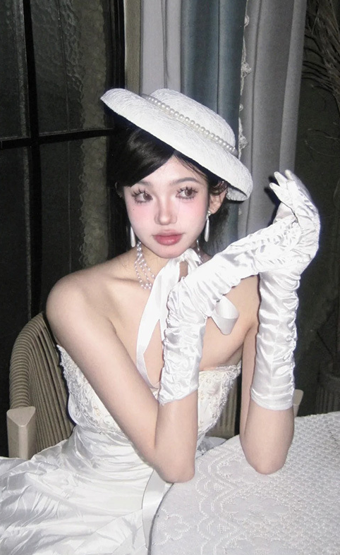 Gloves satin long white girls bride wedding dress birthday atmosphere S6232