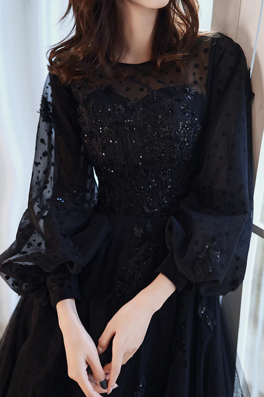 Puffy Long Sleeves Tulle With Lace Long Evening Dress, A-Line Back Long Prom Dress
