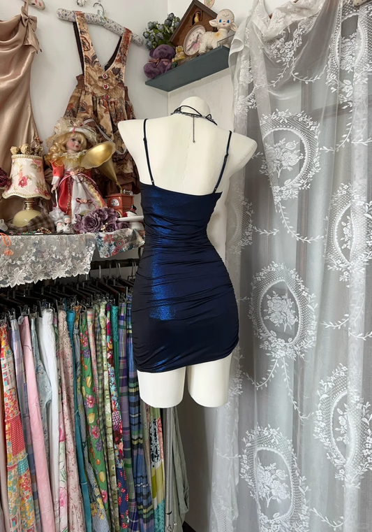 Dark blue suspender satin waist slim hip short skirt ball gown R6177