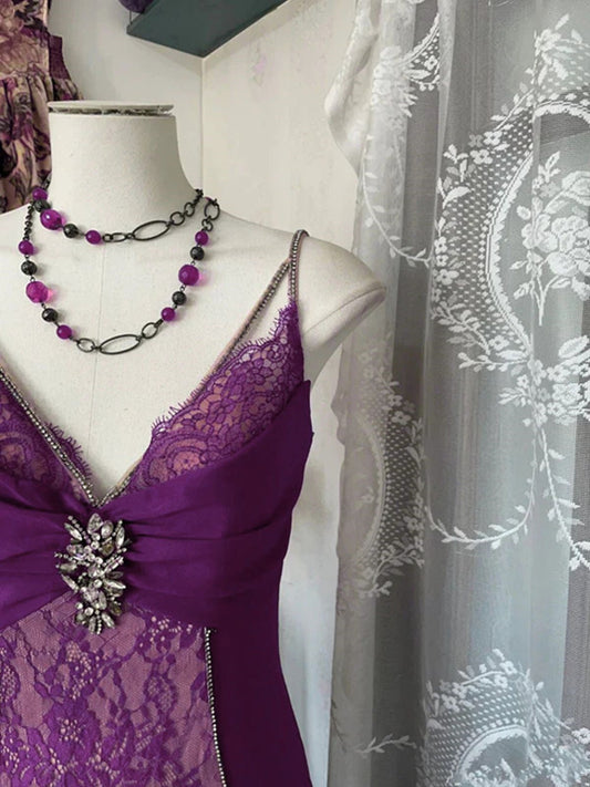 Purple Mermaid Lace Straps Long Party Dress, Purple A-line Prom Dress Evening Dress