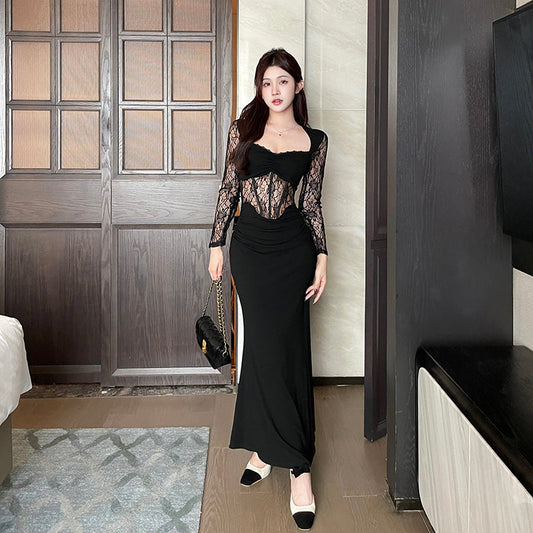 Sexy Black Lace Long Sleeve Dress S5463