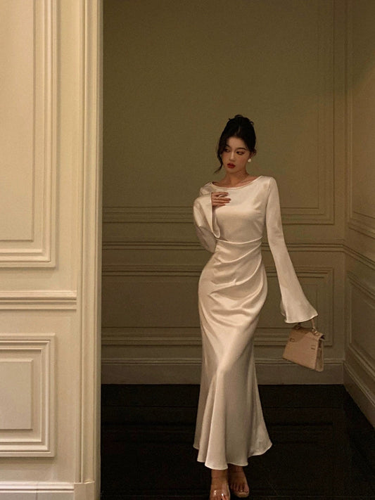 long-sleeved satin dress for women new style long skirt S5489