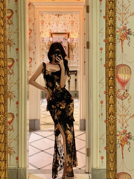 Ruffled floral suspender dress for women new long dress S5493