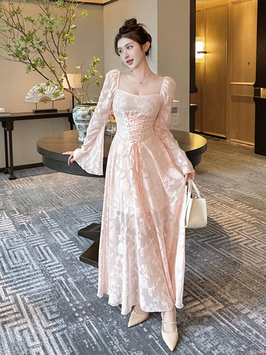 Pink sexy lace long-sleeved dress for women S5461